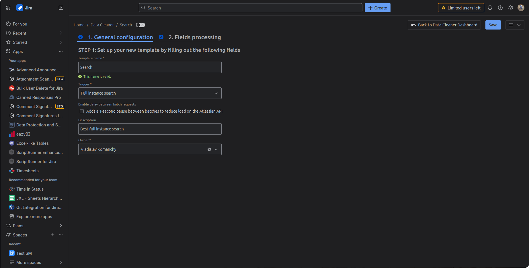 DPT Data Cleaner template configuration screen showing Full Instance Search trigger for scanning all Jira projects