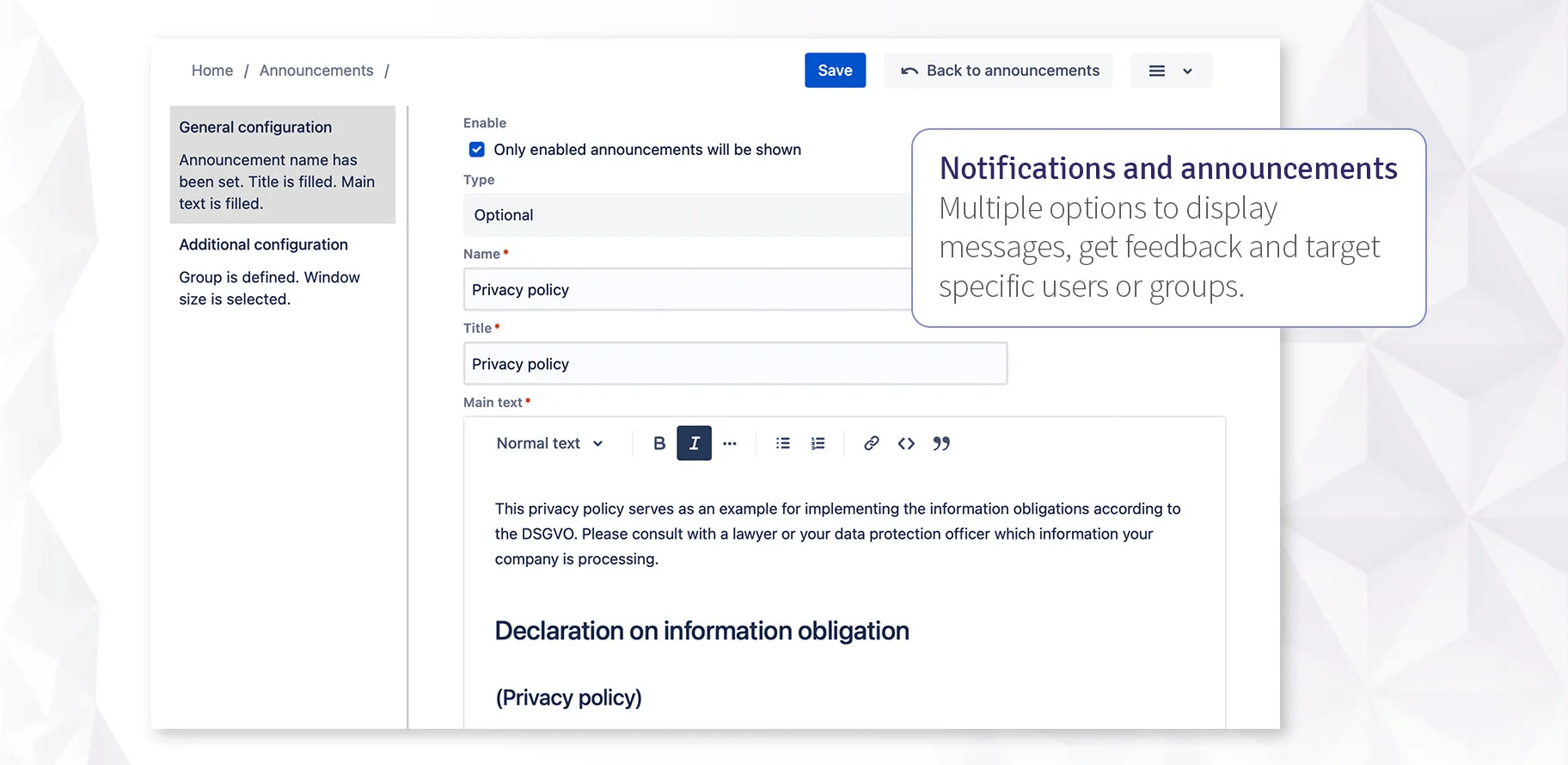 Configuring a privacy-policy announcement