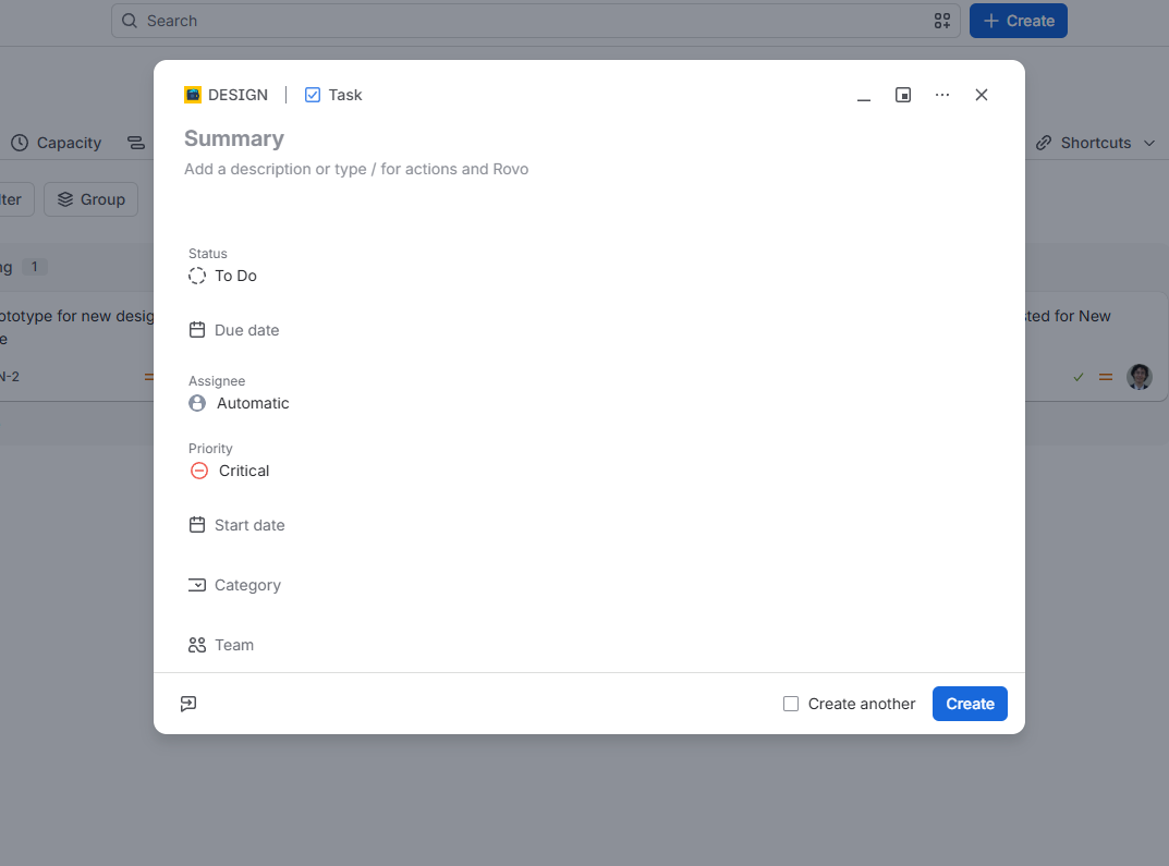 The Jira Cloud create work item dialog introduced with the summer 2026 release, showing the space and work type header, Summary, description and the field list
