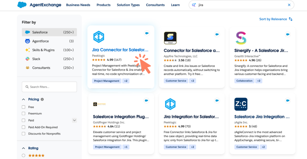 Searching for Jira connectors on Salesforce AppExchange