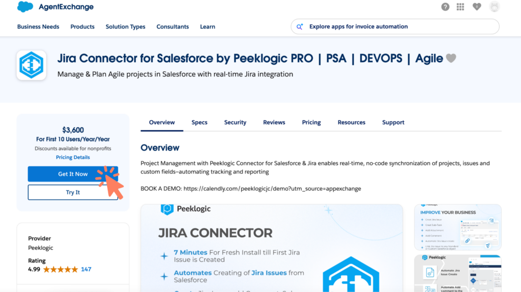Peeklogic Jira Connector listing on AppExchange with the Get It Now button