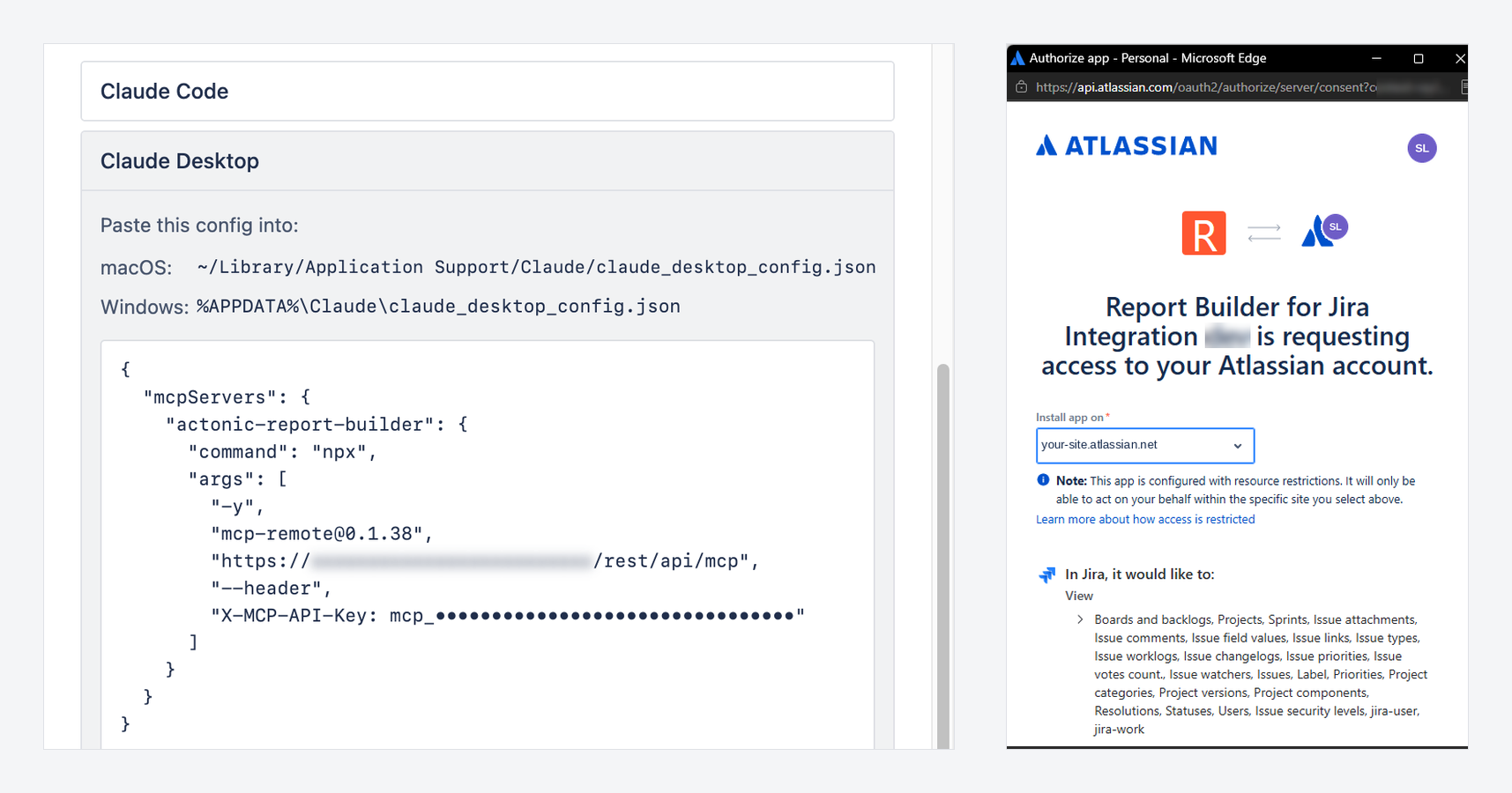 Claude Desktop configuration snippet for the Report Builder MCP server (address and token masked) and the Atlassian consent window for connecting Jira