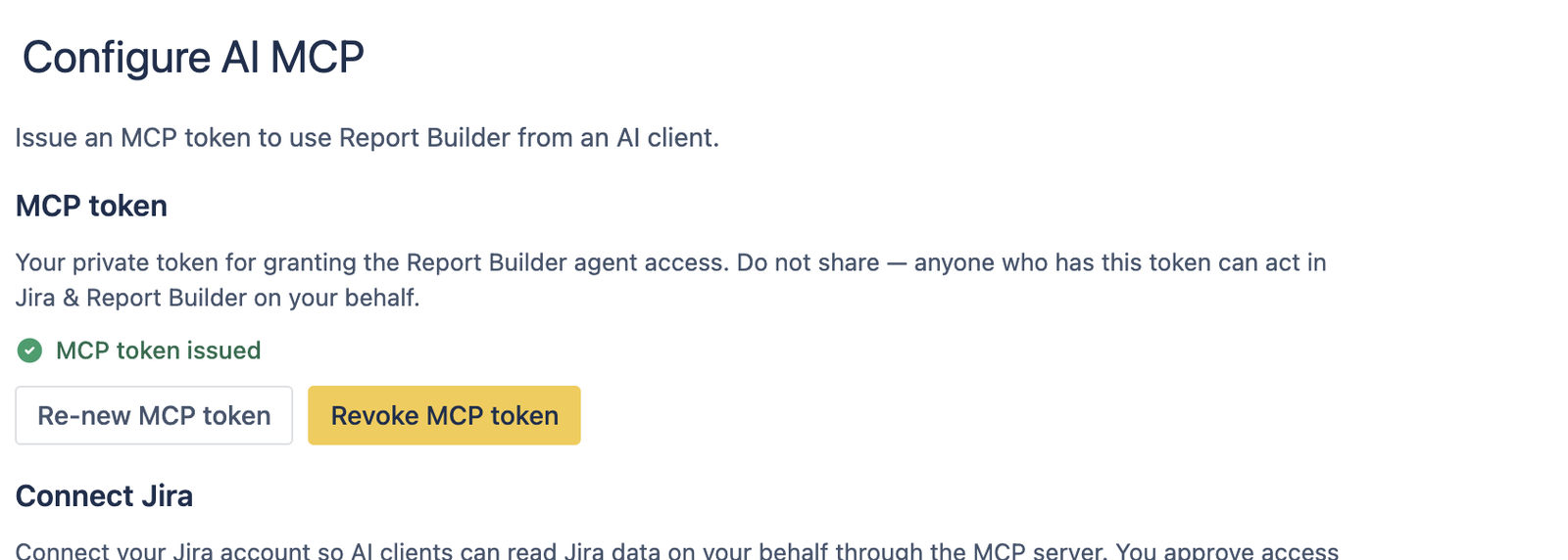 Configure AI MCP page after setup: MCP token issued, with Re-new and Revoke buttons