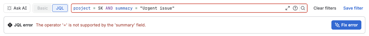 Jira lehnt = auf Summary mit einem JQL-Fehler ab